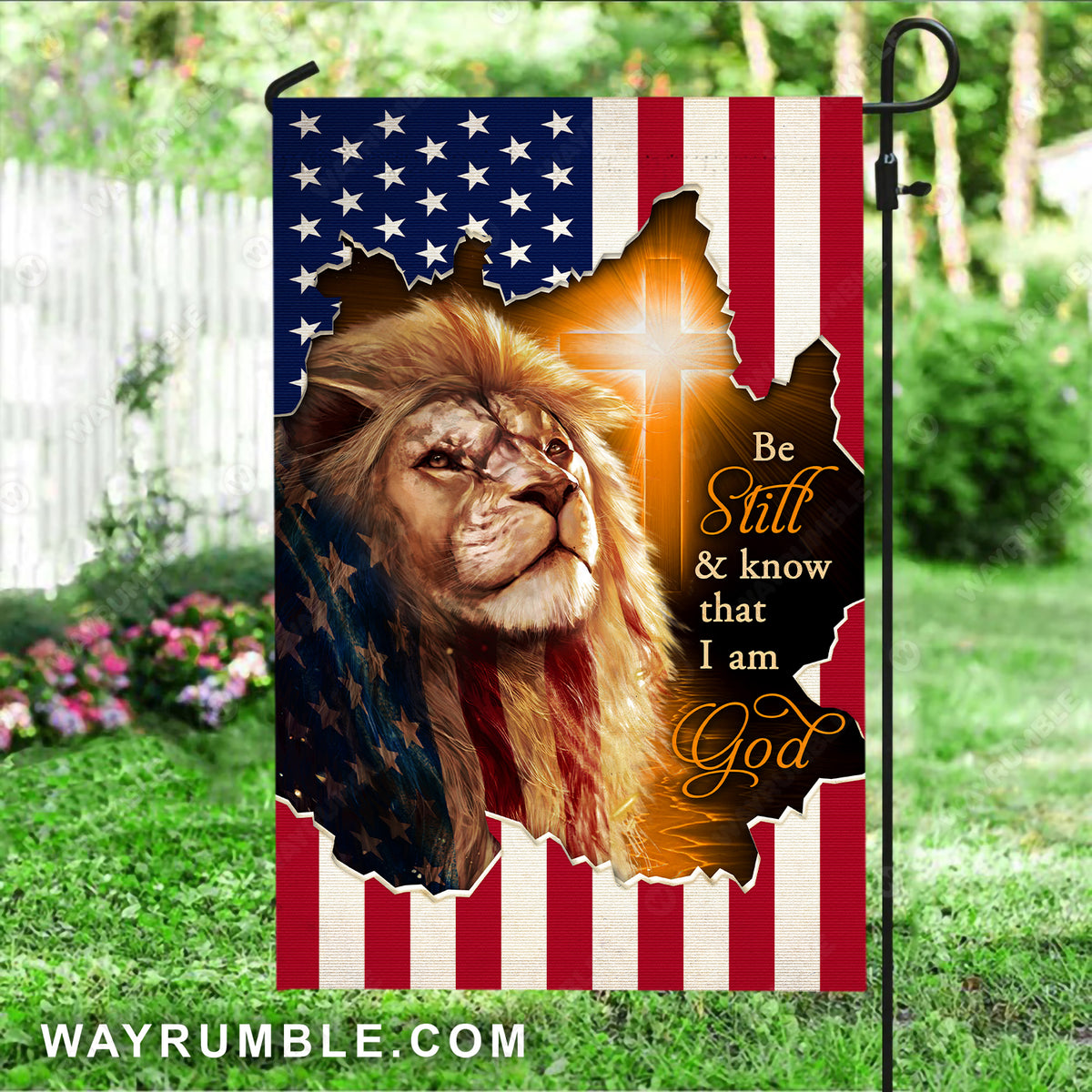 Brown lion, Lion of Judah, Orange cross, Us flag, Be still and know that I am God - Jesus Flag