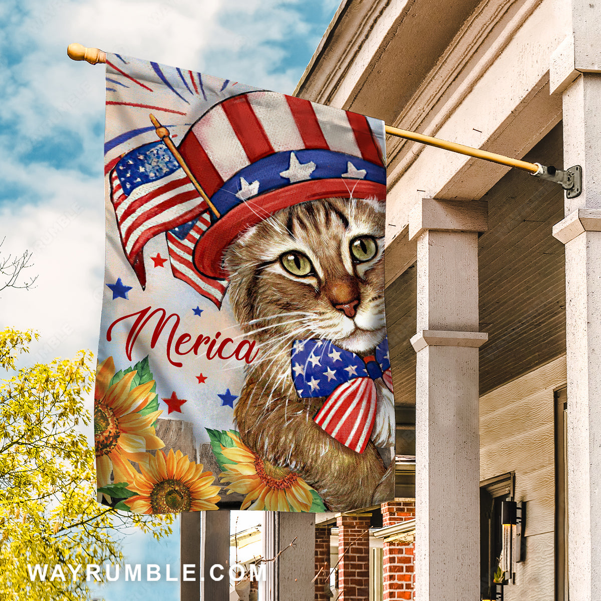 Watercolor cat, Colorful hat, US flag, Sunflower drawing, Merica - Jesus Flag