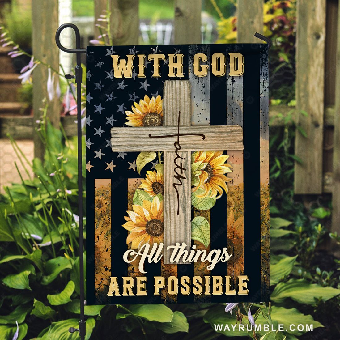 Cross symbol, Sunflower frame, Us flag, With God all things are possible - Jesus Flag