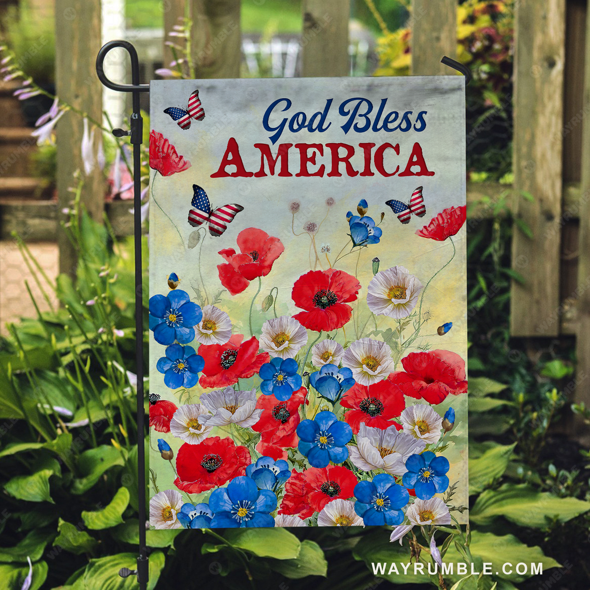 Colorful poppy painting, Pretty butterfly, US flag, God bless America - Jesus Flag