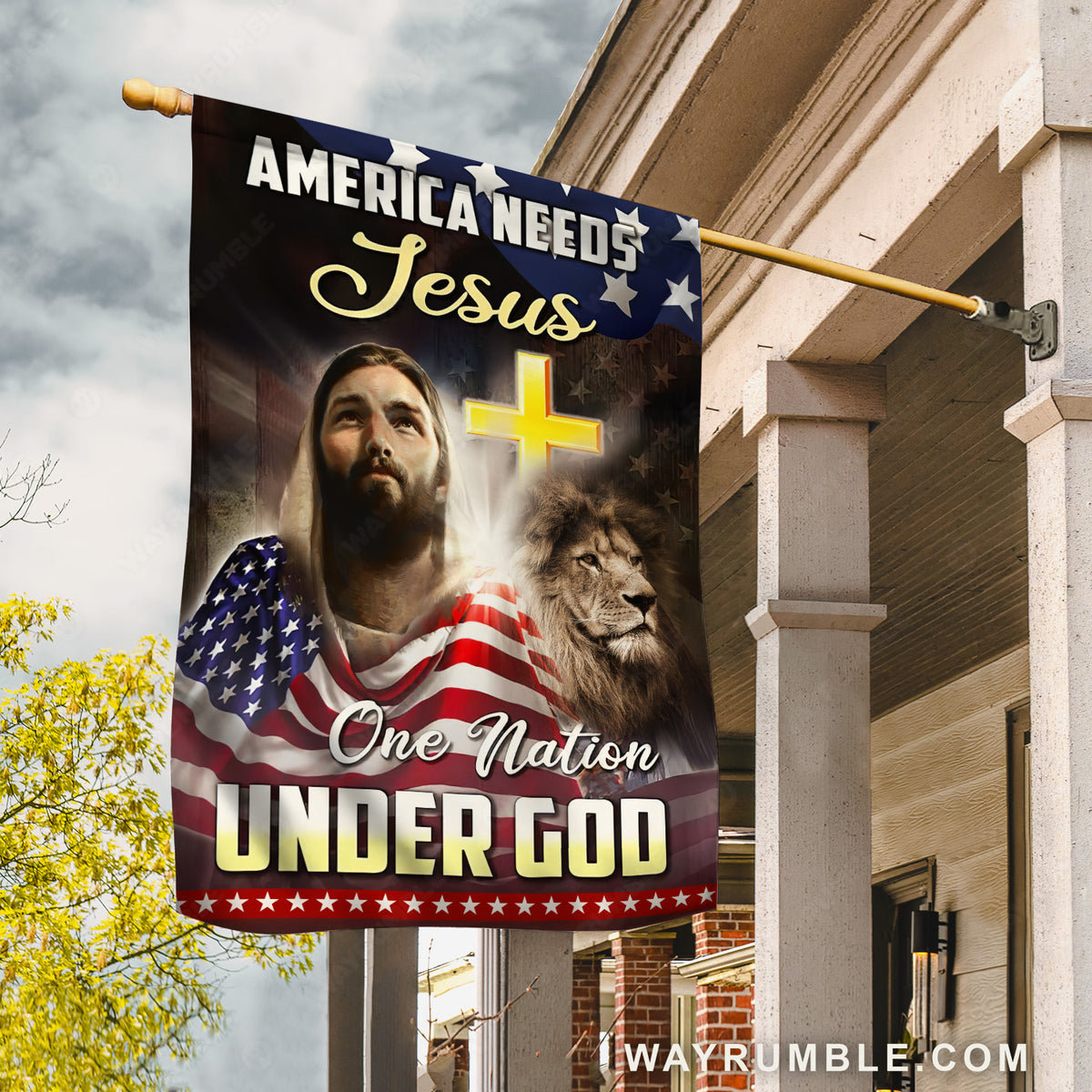 Home Decor, Pretty Jesus painting, Face of lion, Yellow cross, America needs Jesus - Jesus Flag