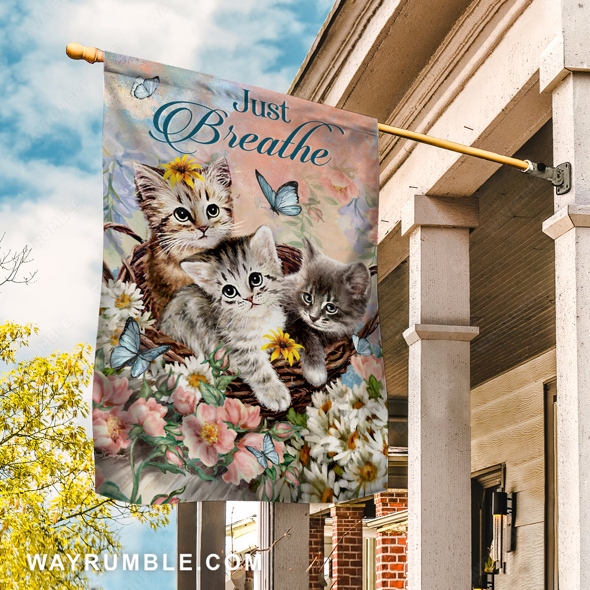 Little cat, Colorful flower, Blue butterfly, Just breathe - Jesus Flag