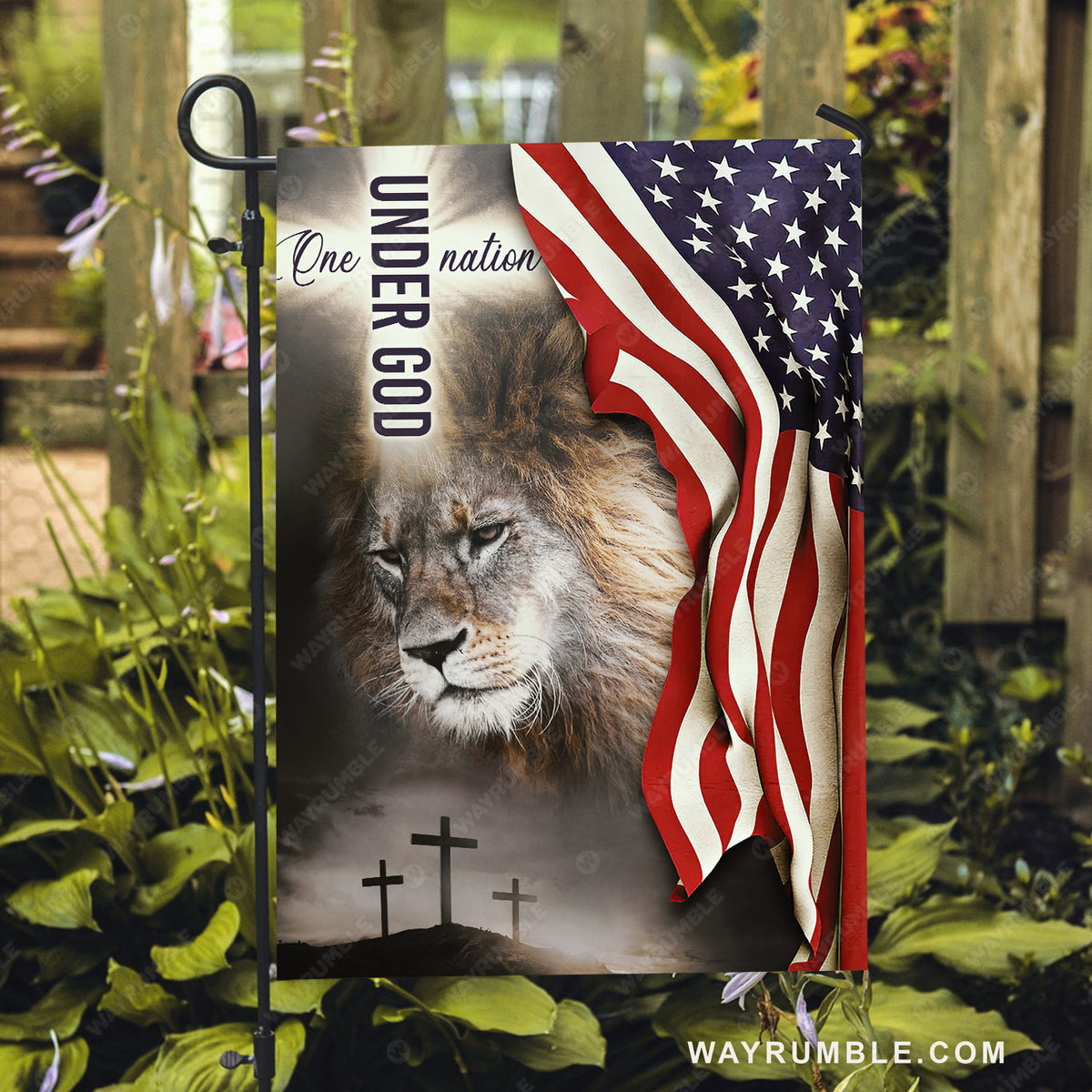 Face of lion, Cross symbol, Beautiful US flag, One nation under God - Jesus Flag