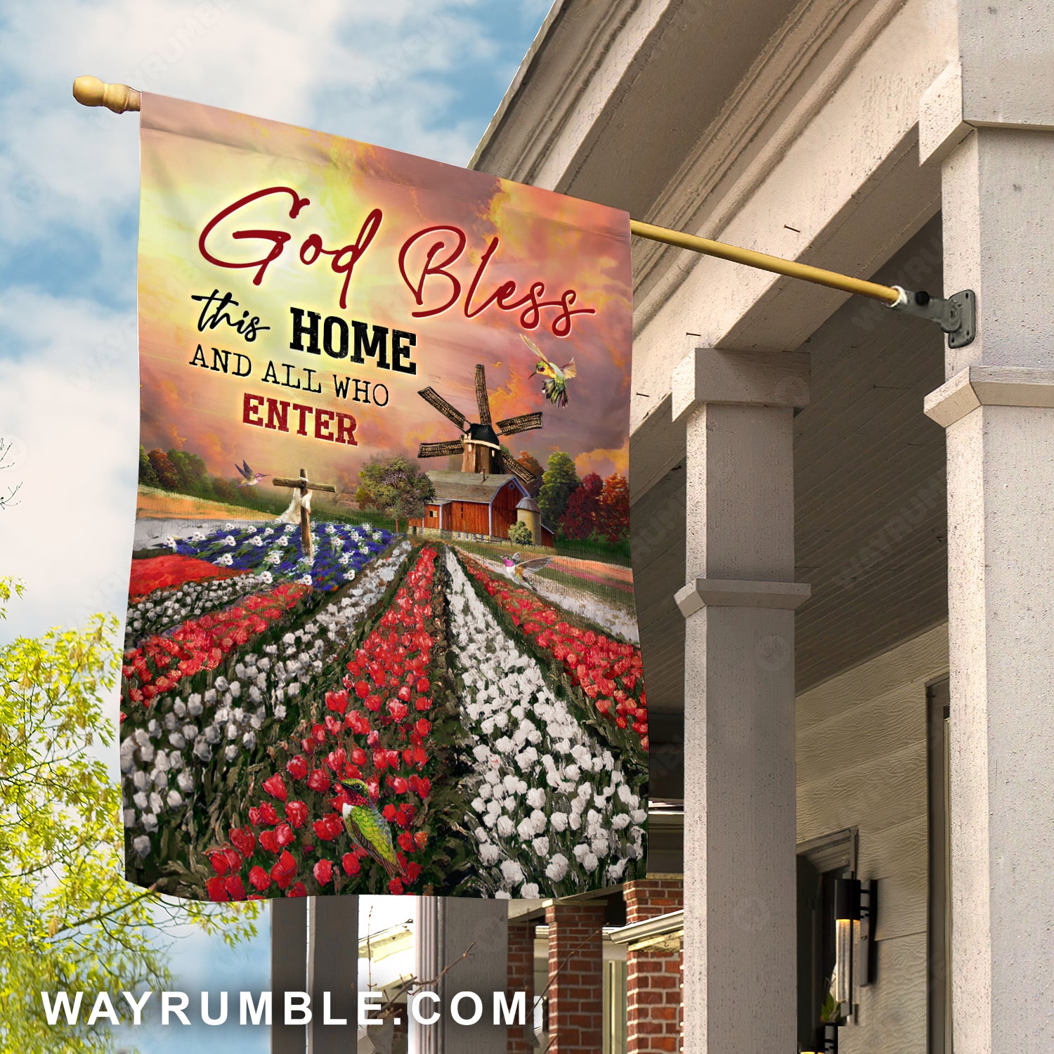 Brilliant tulip field, Orange sunset, Vintage house, God bless this home - Jesus Flag
