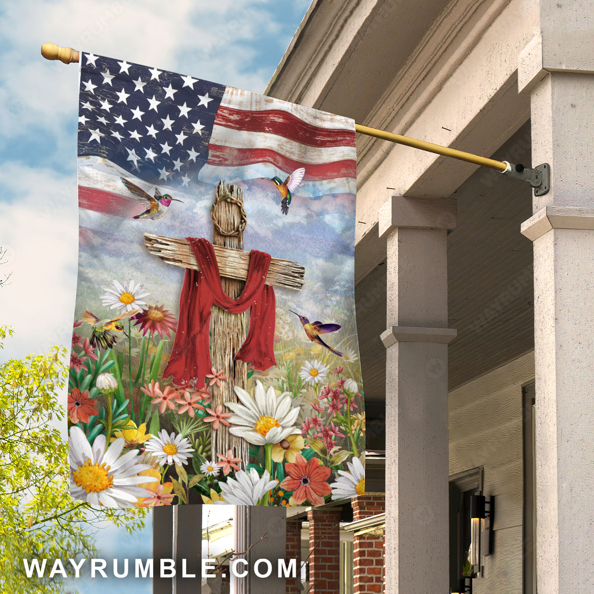 Cross symbol, Hummingbird drawing, Colorful flower, US flag - Jesus Flag