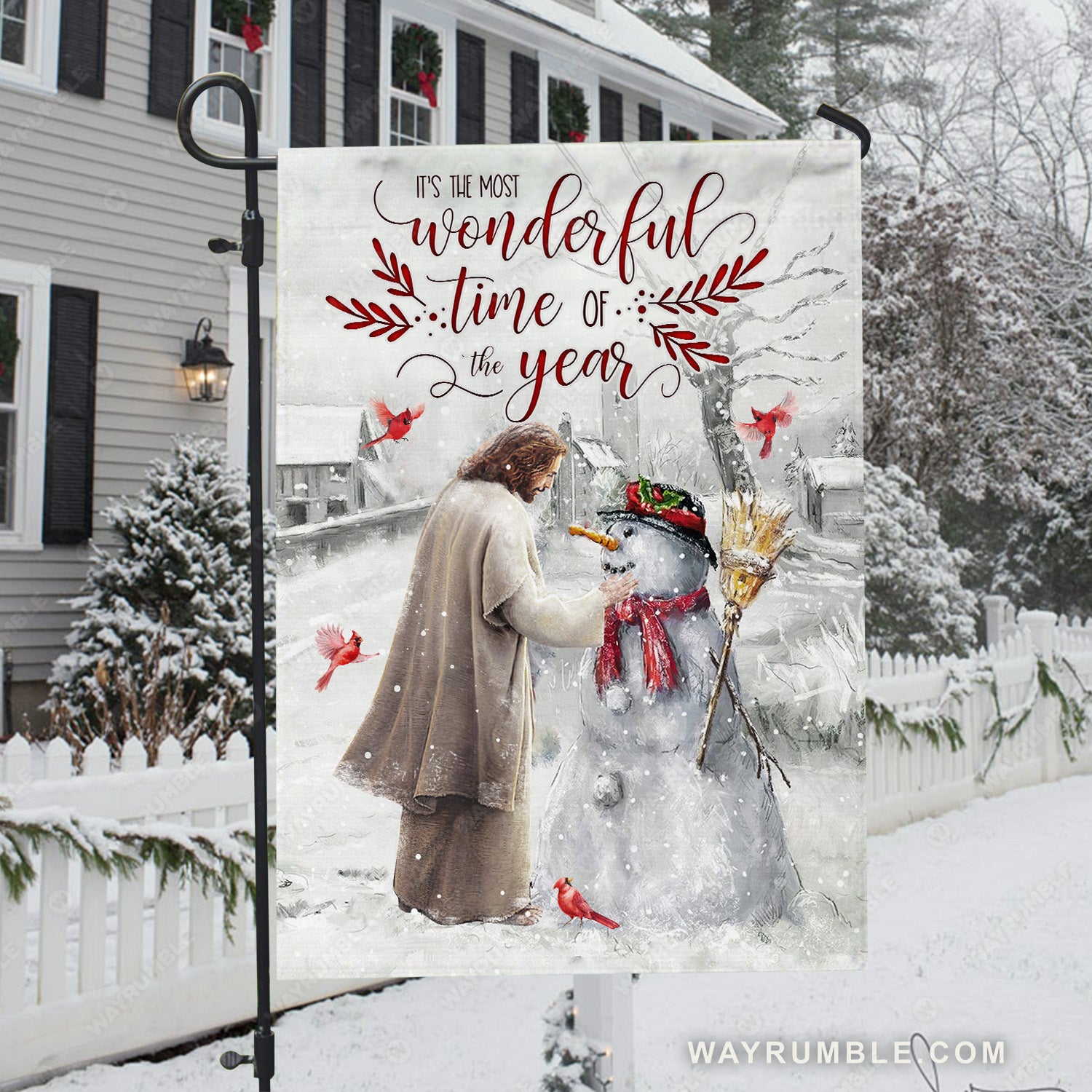 Christmas flag, Lovely snowman, Awesome Jesus, Red cardinal, It's the most wonderful time of the year - Jesus Flag