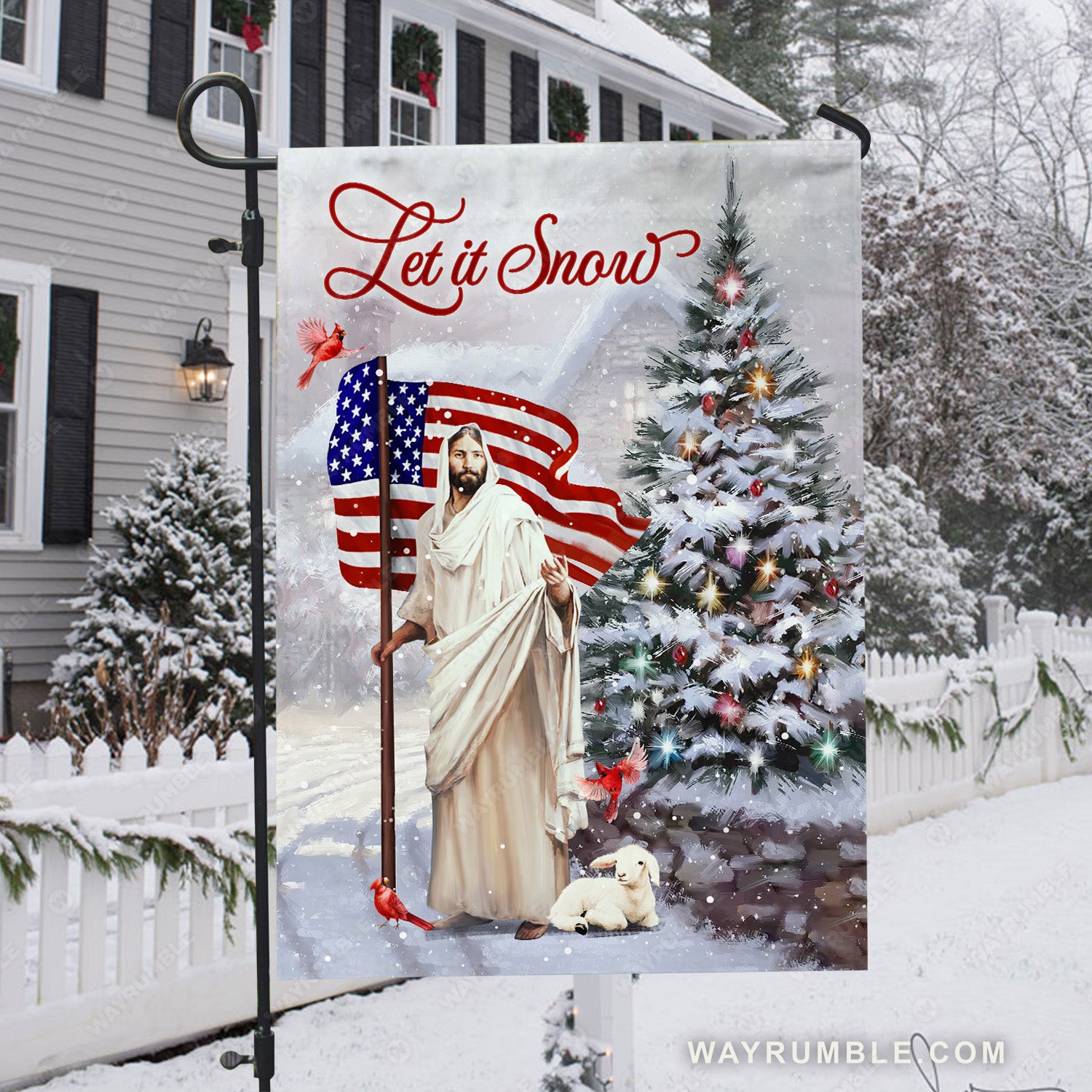 Pretty Christmas tree, White lamb, Beautiful US flag, Let it snow - Jesus Flag