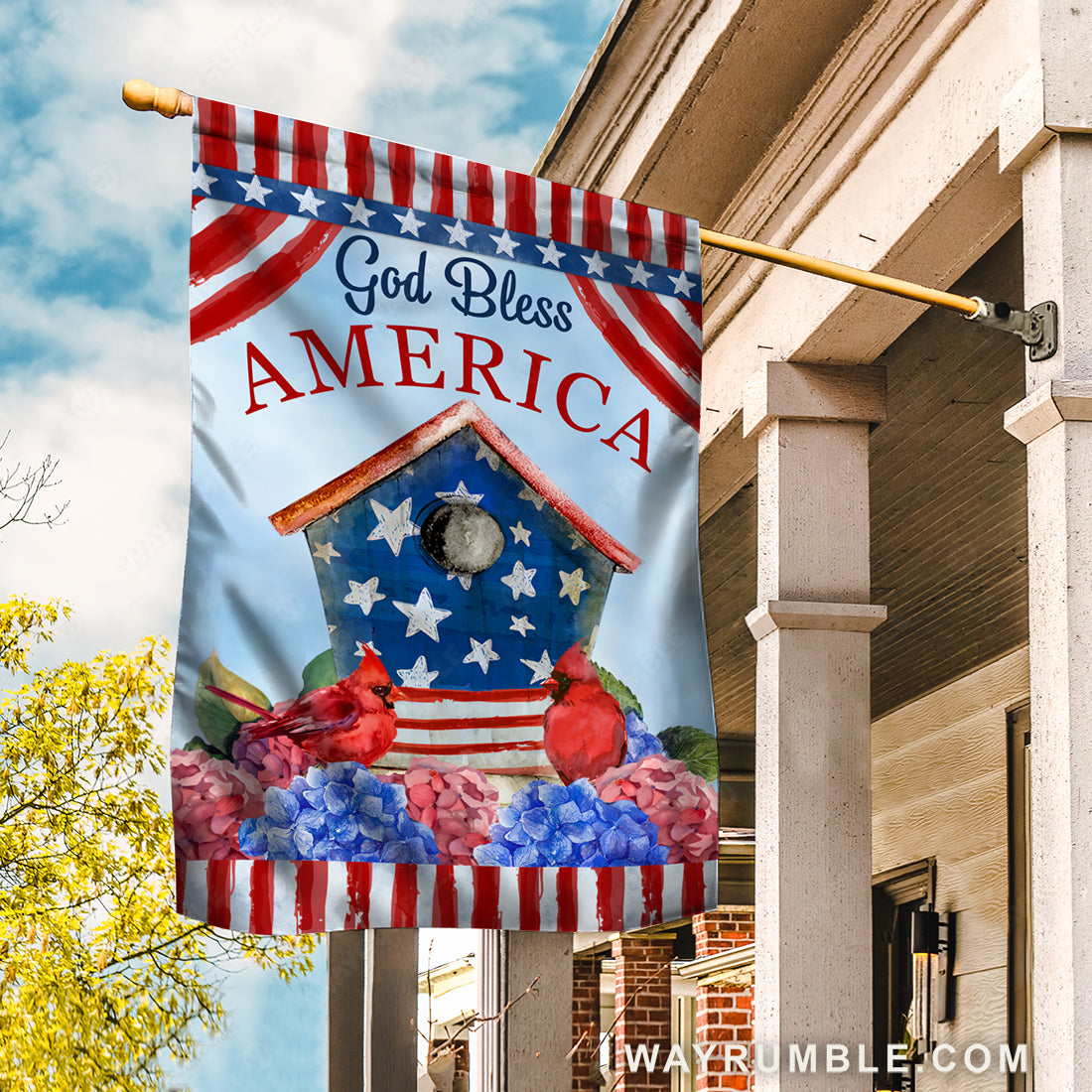 Beautiful birdhouse, Red cardinal, Colorful hydrangea, God bless America - Jesus Flag