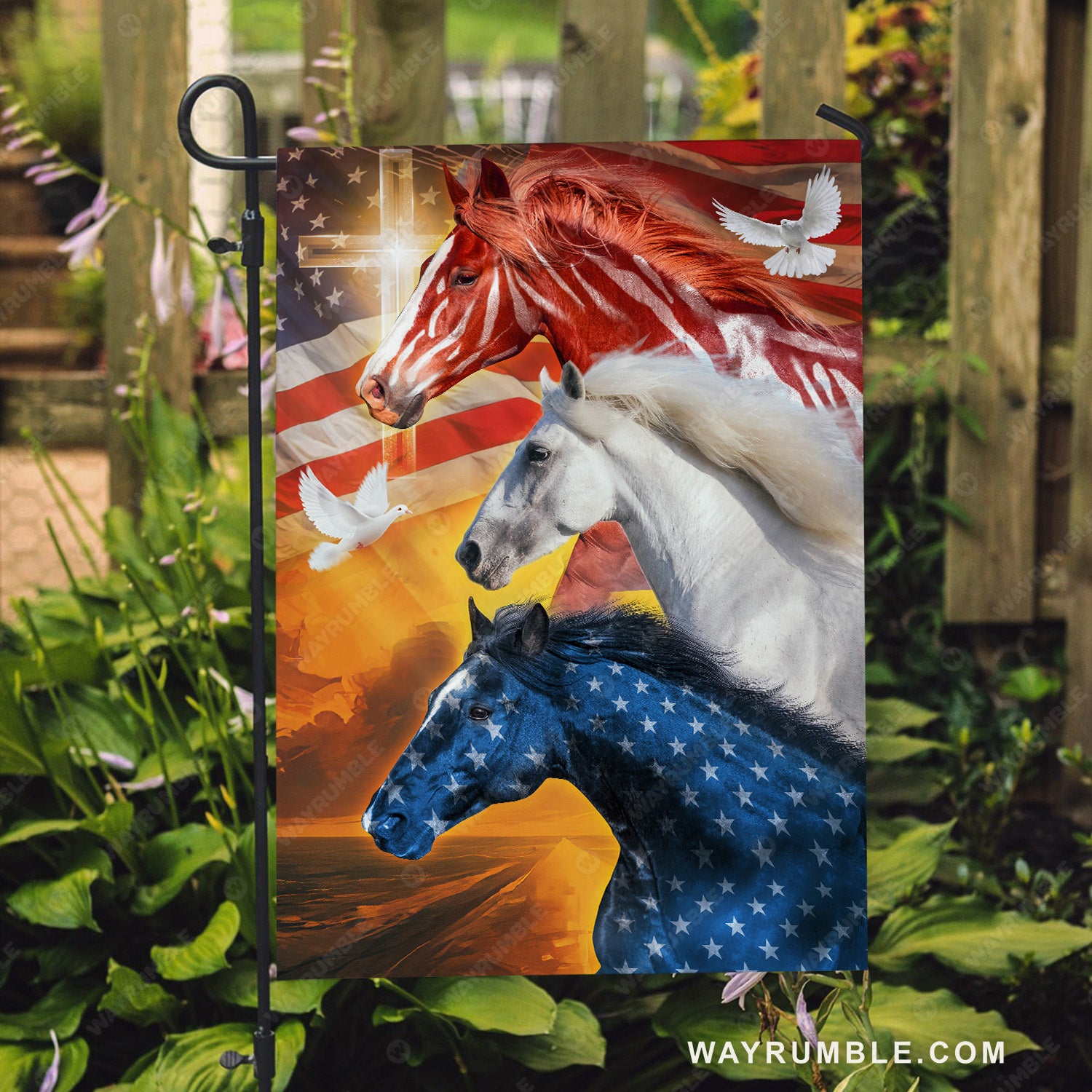 Dream horses, USA flag, Light cross, White dove - Jesus Flag