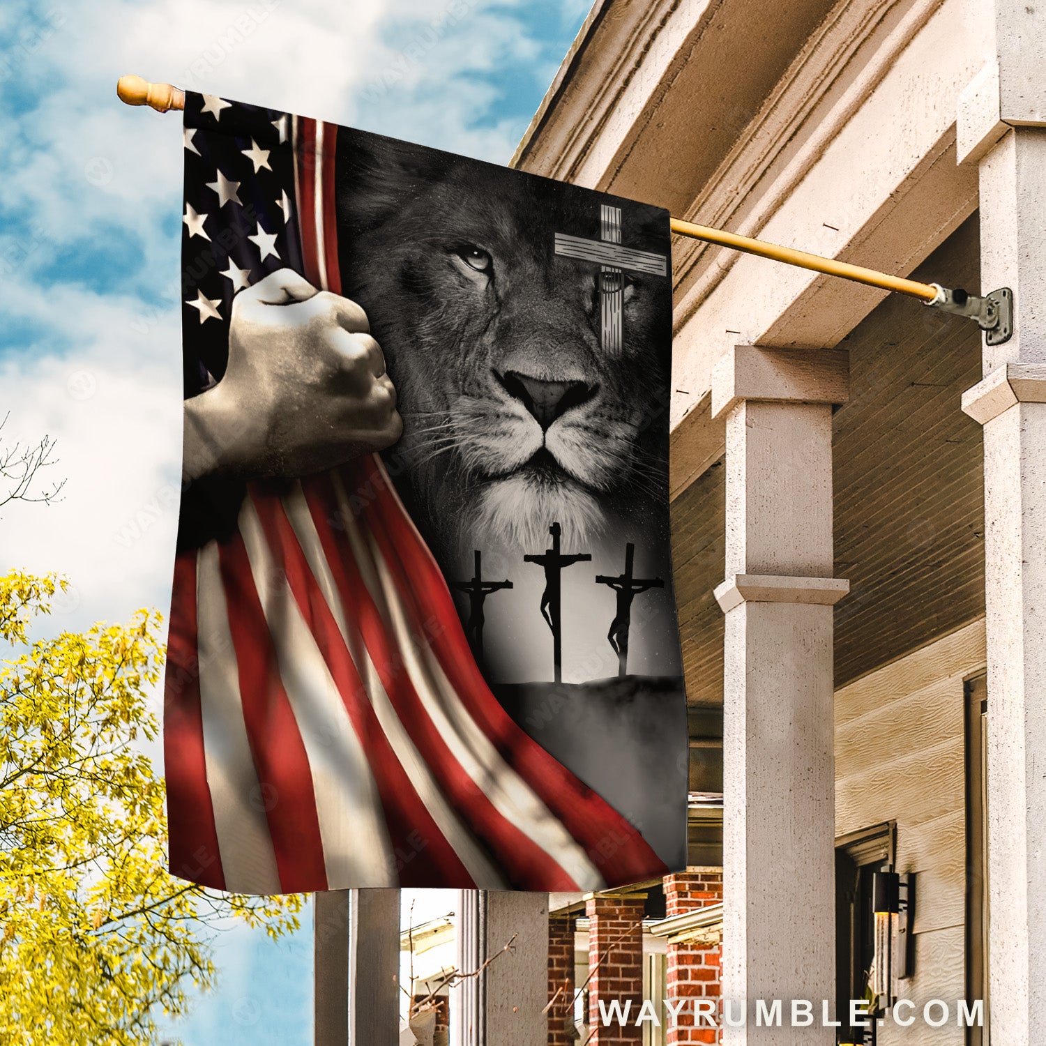 Black lion drawing, Cross symbol, US flag, Jesus's hand - Jesus Flag