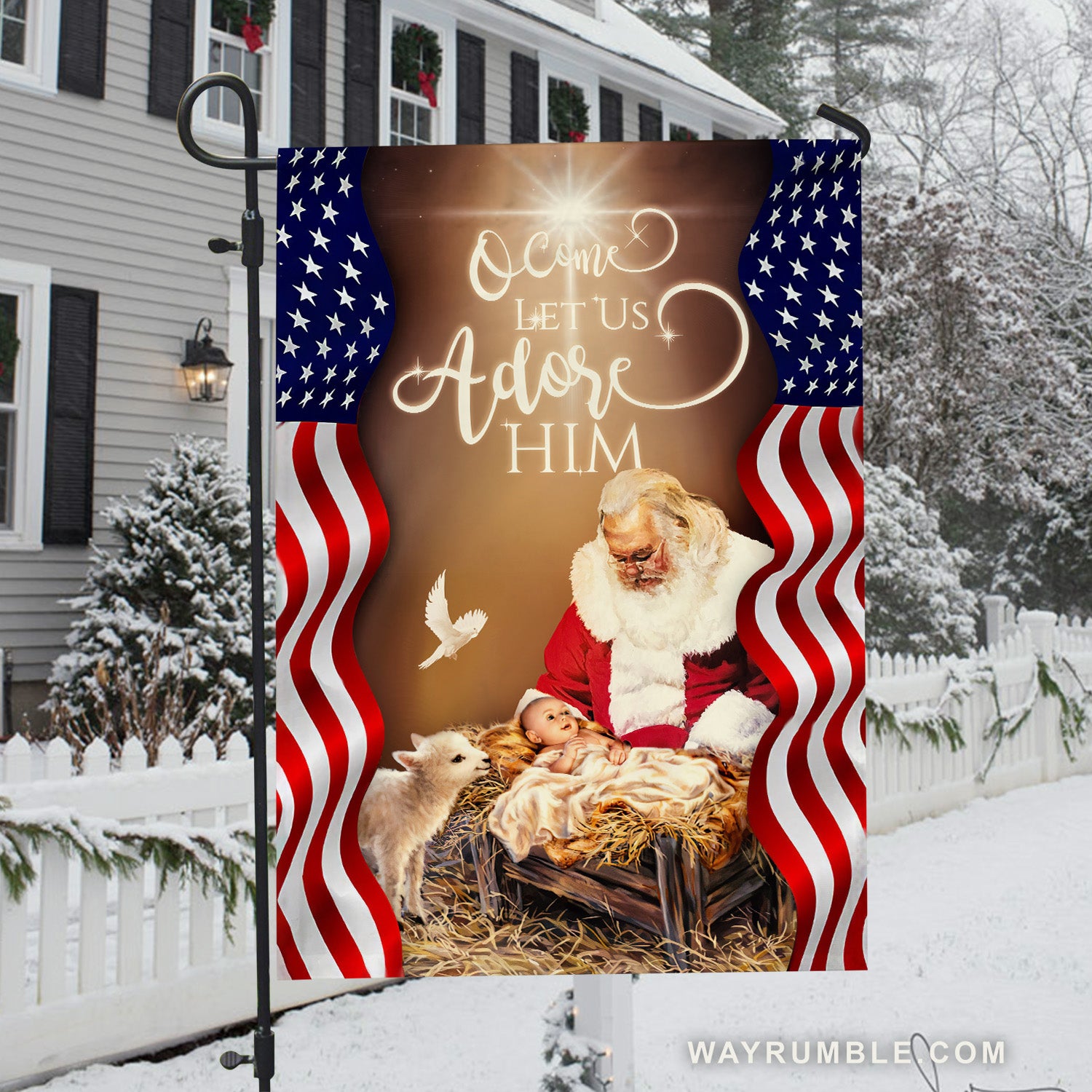 Santa Claus painting, Jesus was born, O come let us adore him - Jesus Flag