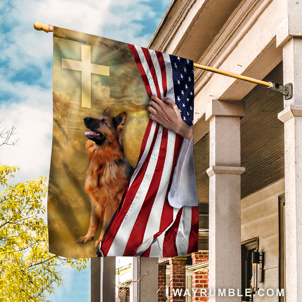 German Shepherd, US flag, Cross symbol, Light from heaven - Jesus Flag
