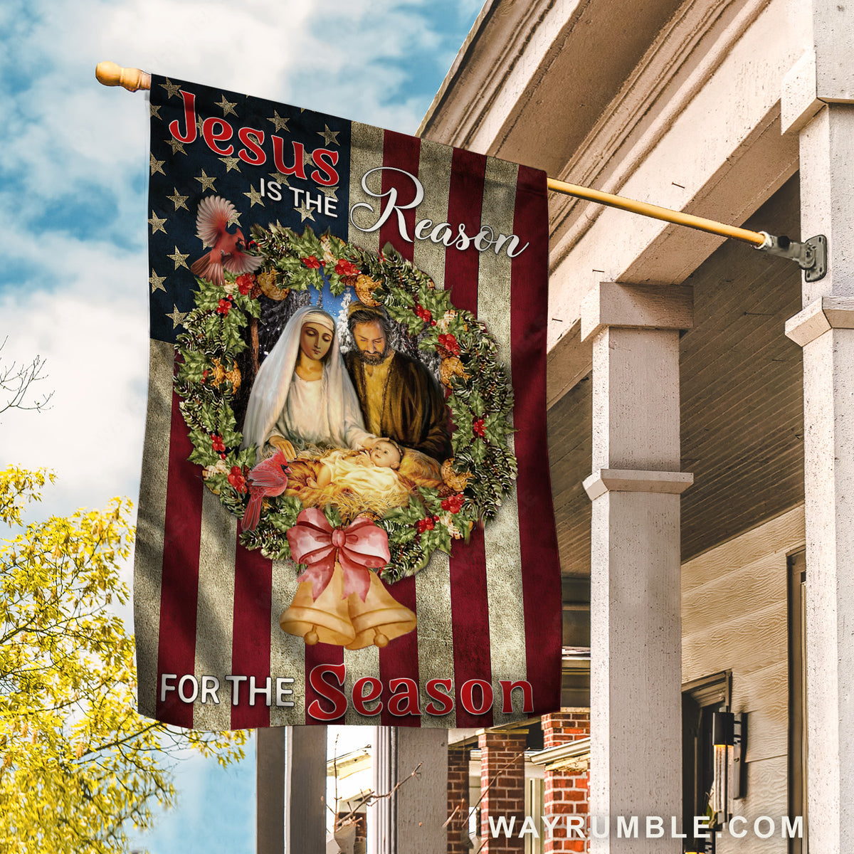 Jesus was born, Christmas night, Christmas wreath, Jesus is the reason for the season - Jesus Flag