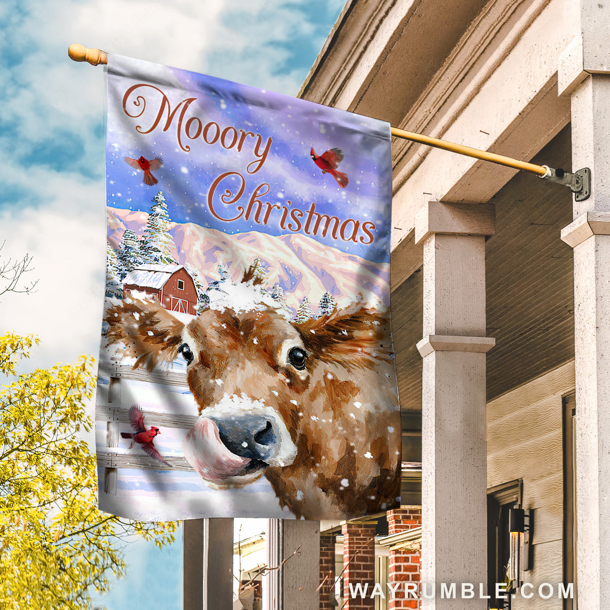 Watercolor cow, Purple sky, Winter painting, Mooory Christmas - Jesus Flag