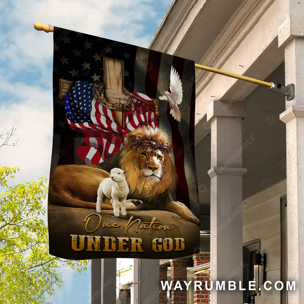 Watercolor lion, Little lamb, White dove, Unique US flag, One nation under God - Jesus Flag