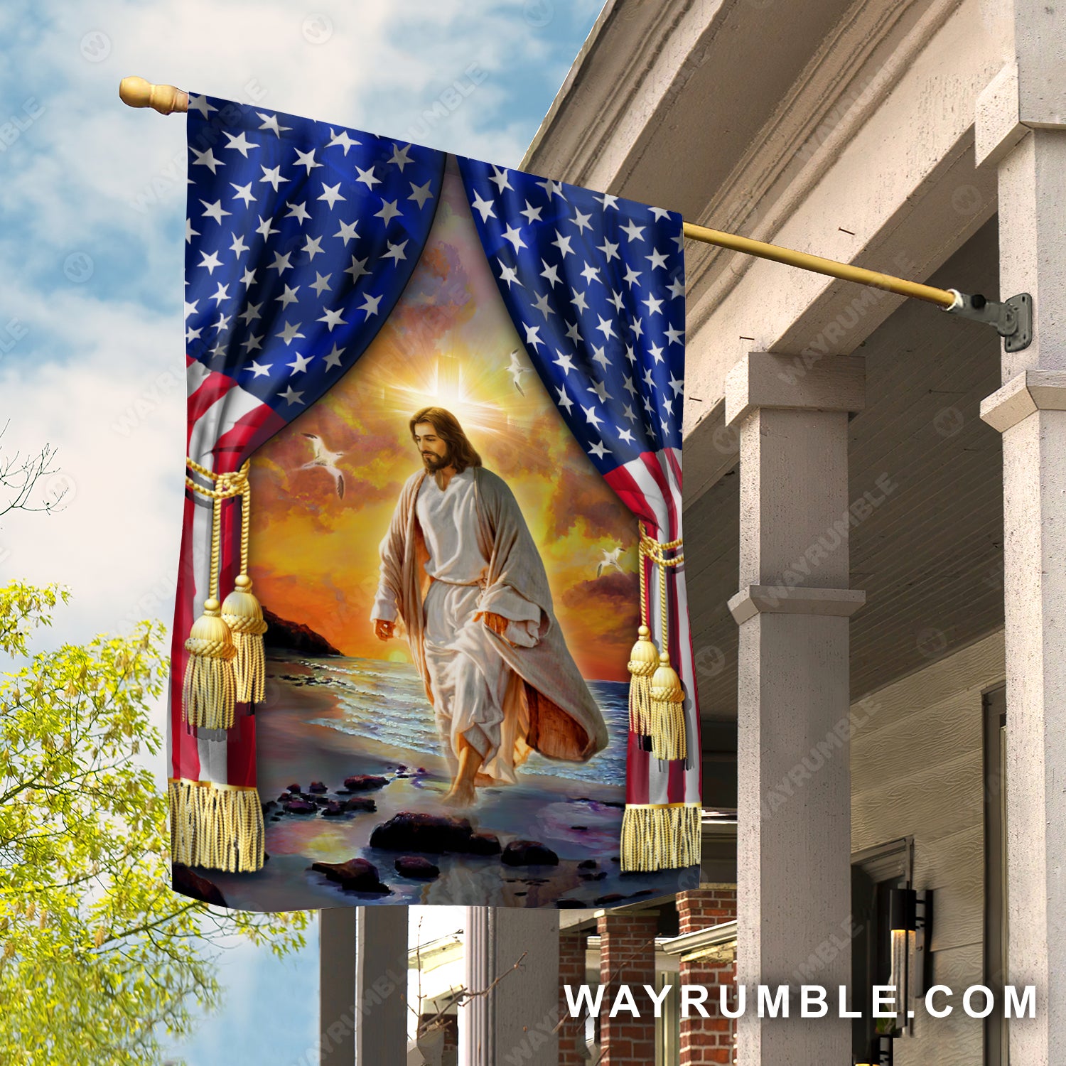 Walking with Jesus, Infinite halo, US flag drawing, Seagull - Jesus Flag