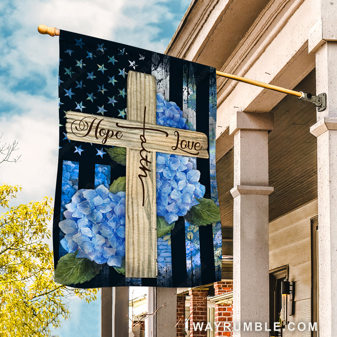 Beautiful cross, Blue hydrangea garden, US flag, Faith, Hope, Love - Jesus Flag