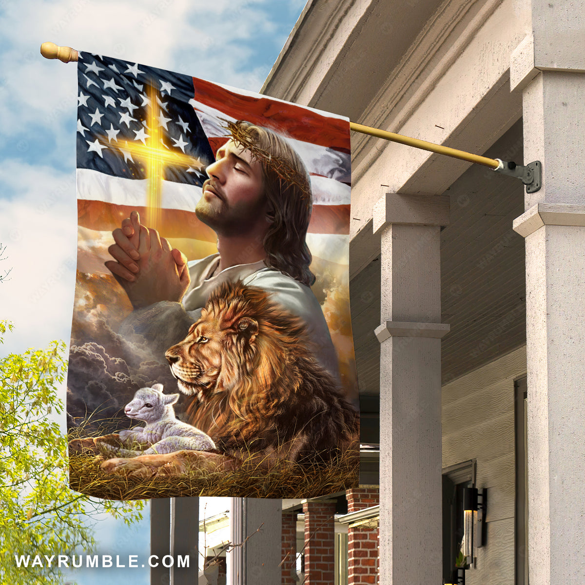 Pray with Jesus, Brown lion, Amazing US flag, Yellow cross - Jesus Flag