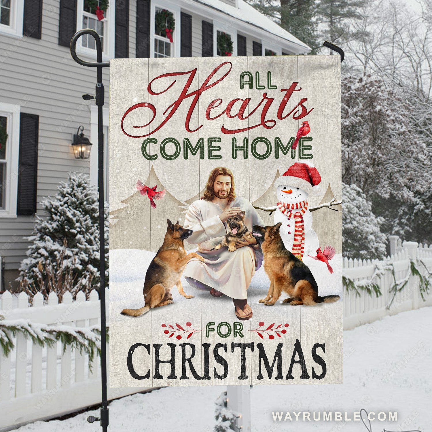 German Shepherd dogs, Snowman painting, Happy Jesus, All hearts come home for Christmas - Jesus Flag