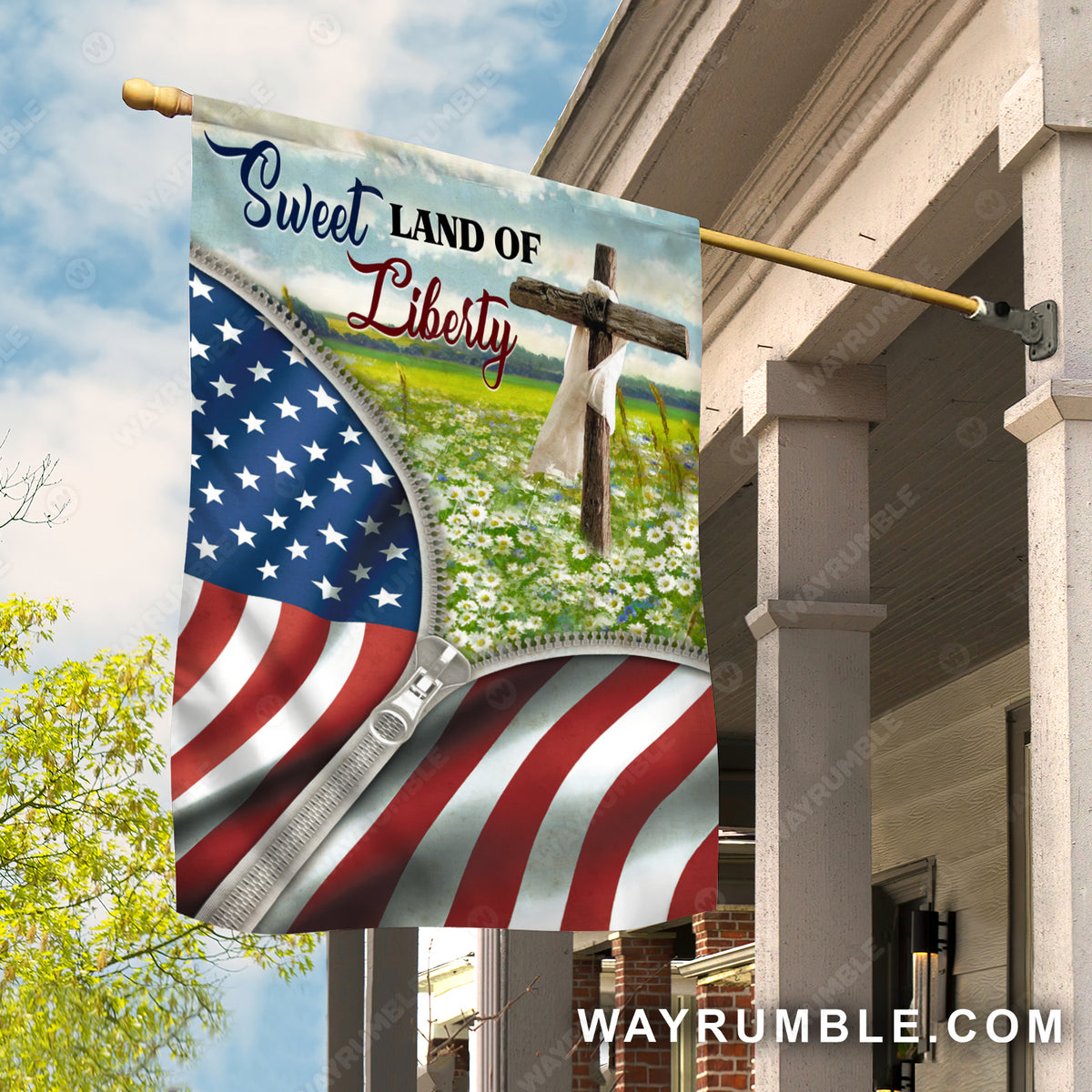 Beautiful daisy field, Brown cross, US flag, Sweet land of liberty - Jesus Flag