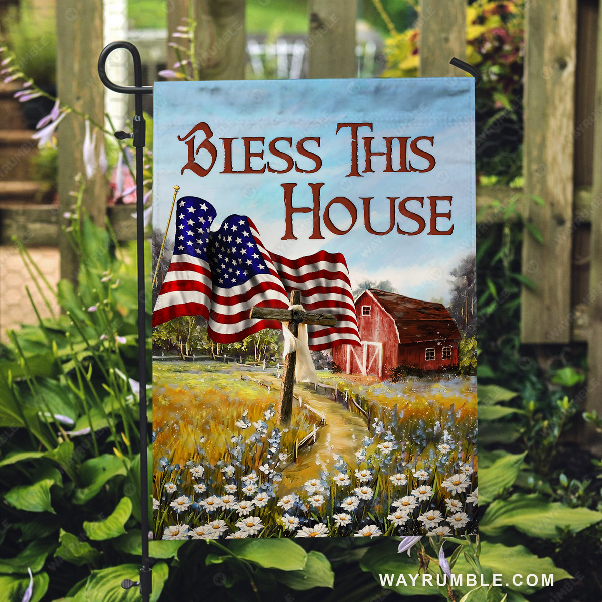 Countryside painting, US flag, Daisy field, Bless this house - Jesus Flag