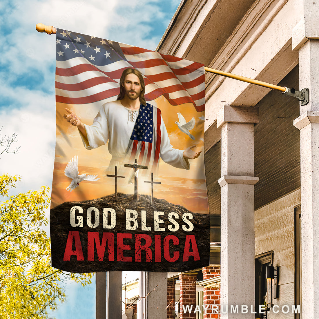 Walking with Jesus, The face of Jesus, Cross, White dove, God bless America - Jesus Flag