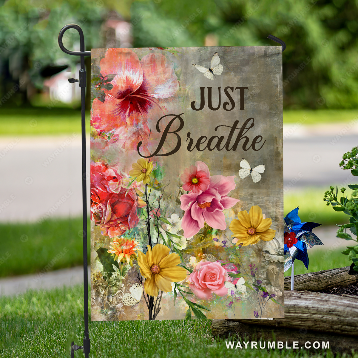Brilliant flower garden, White butterfly, Just breathe - Jesus Flag