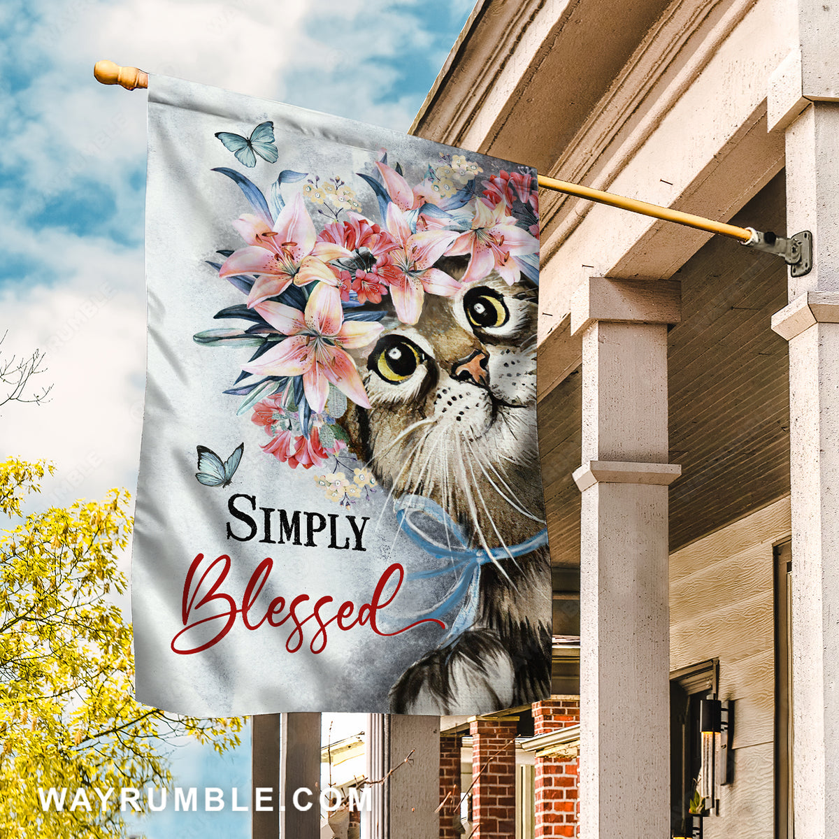 Cute cat drawing, Flower wreath, Blue butterfly, Simply blessed - Jesus Flag