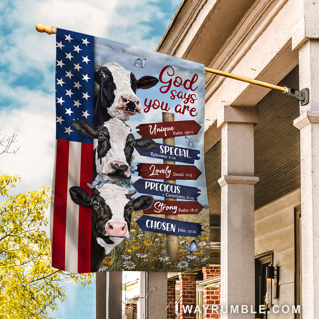 Dairy cow drawing, Daisy field, US flag, God says you are unique - Jesus Flag