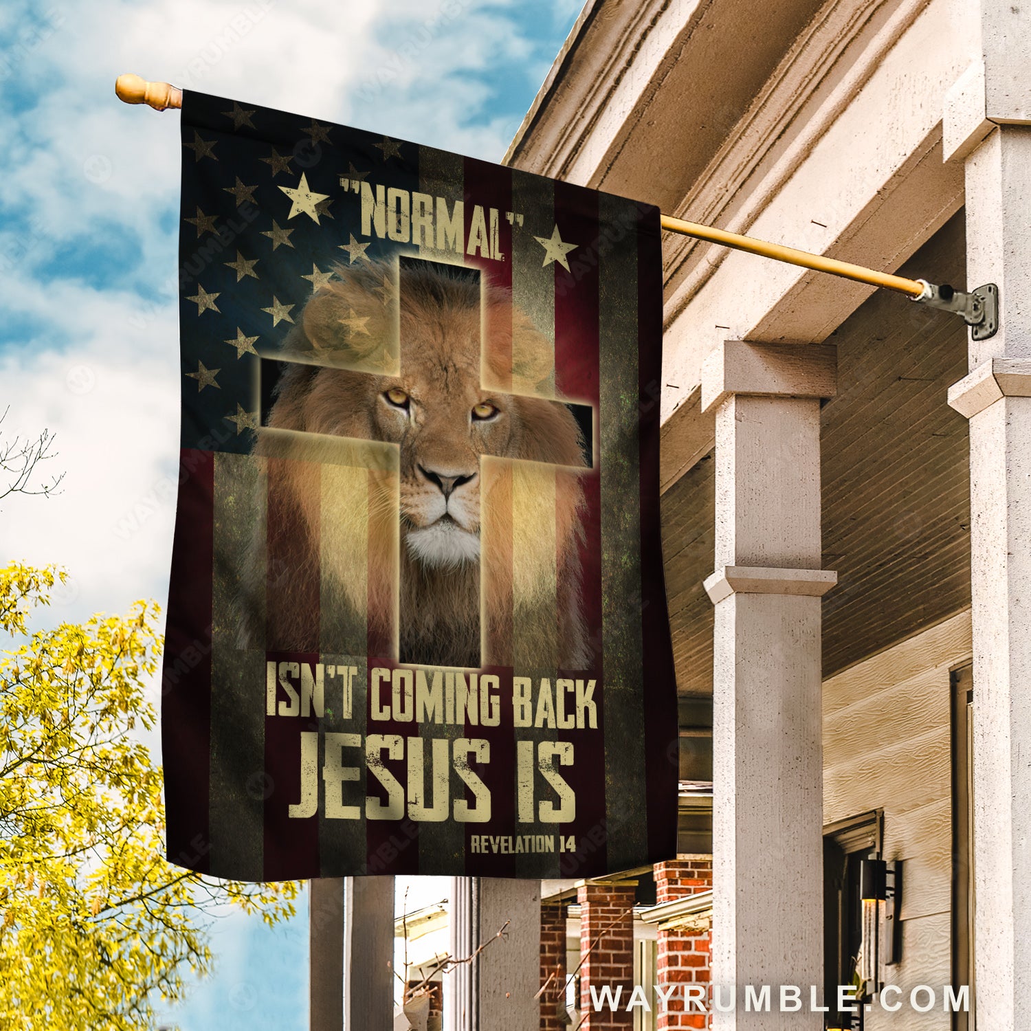 Lion drawing, King of Kings, Cross symbol, US flag, Normal isn't coming back, Jesus is - Jesus Flag