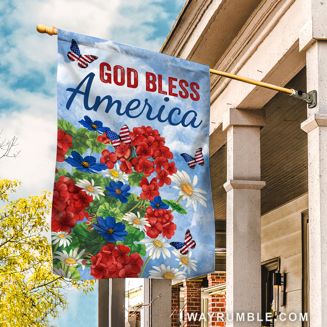 Beautiful flower vase, Blue sky, Pretty butterfly, God bless America - Jesus Flag