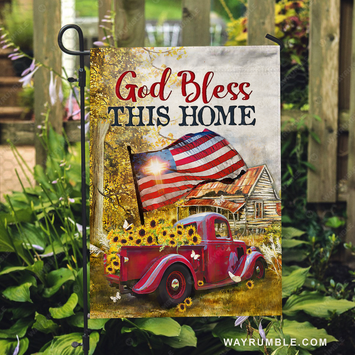Red ladybug car, US flag, Sunflower painting, Cross, God bless this home - Jesus Flag