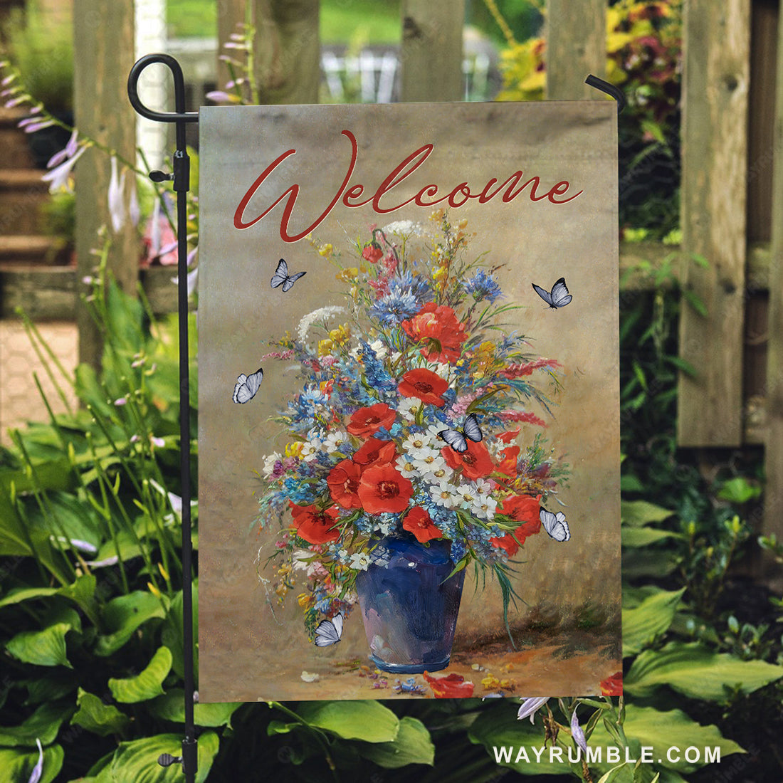 Still life painting, Pretty flower vase, Blue butterfly, Welcome - Jesus Flag