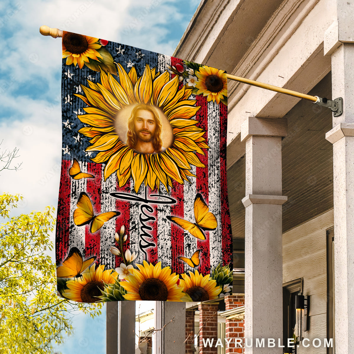 Jesus face, Sunflower garden, US flag background, Jesus - Jesus Flag