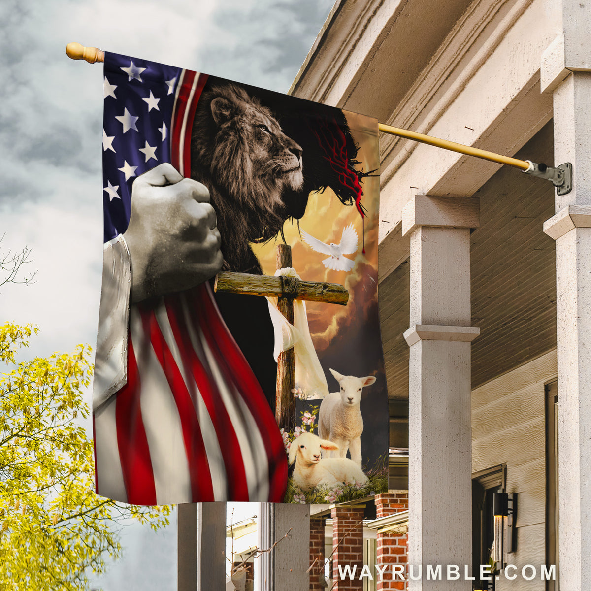 Lion of Judah, Lambs of God, Eastern cross, USA flag - Jesus Flag