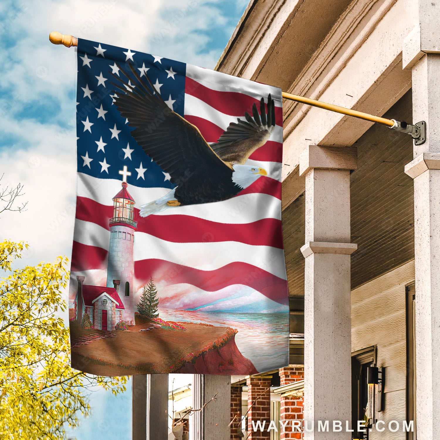 Flying eagle, Red lighthouse, US flag, Countryside painting - Jesus Flag