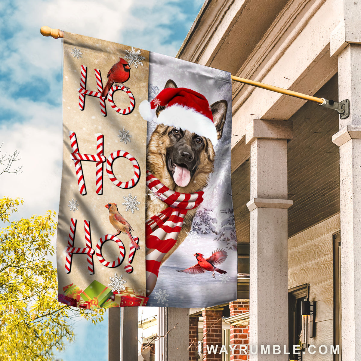 Christmas hat, Lovely German Shepherd, Colorful cardinal, Ho ho ho - Jesus Flag