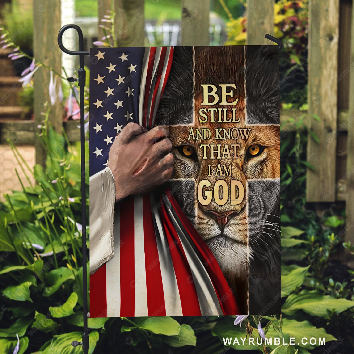 Lion of Judah, Jesus hand, USA flag, Be still I am God - Jesus Flag