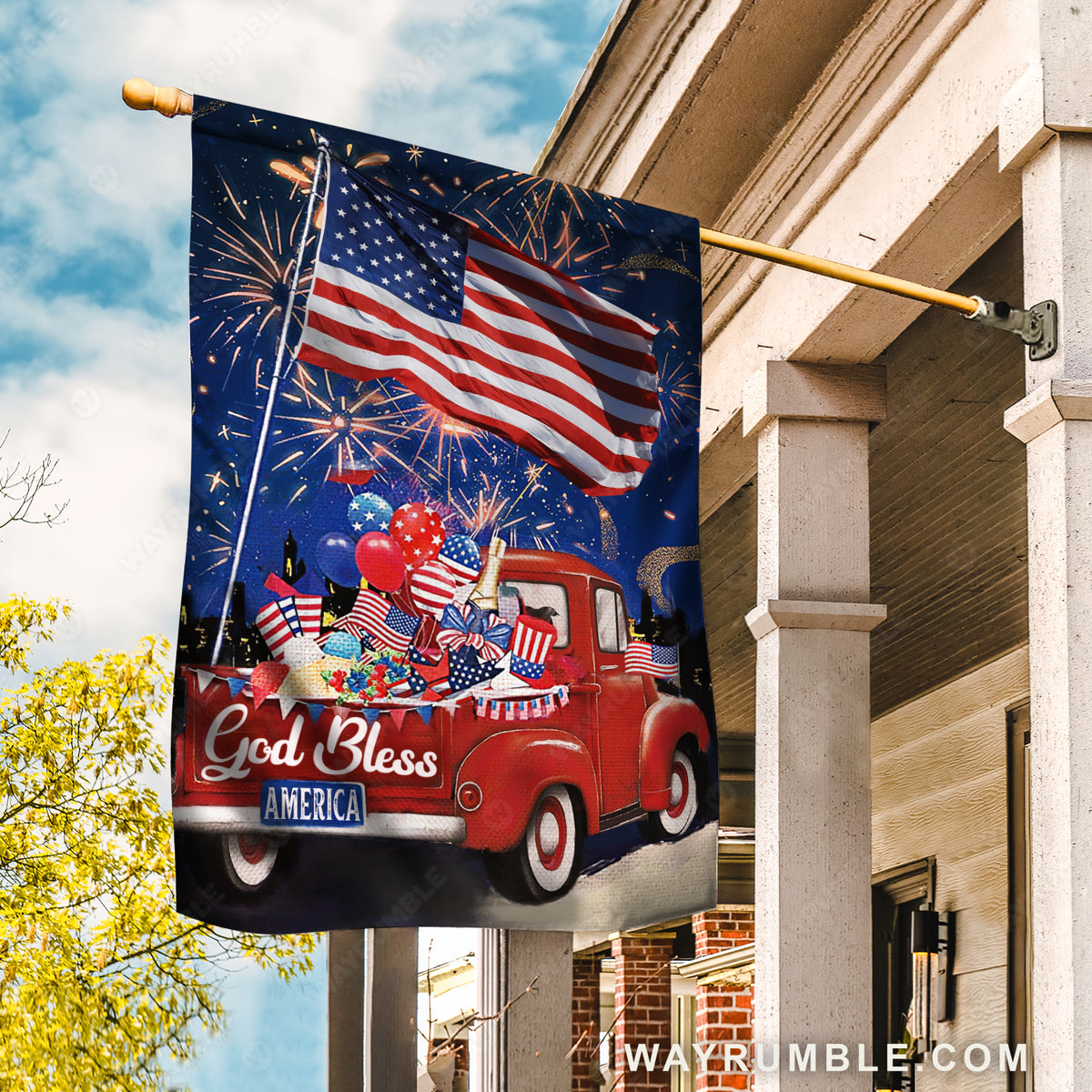 Beautiful night, Colorful firework, US flag, Ladybug car, God bless America - Jesus Flag