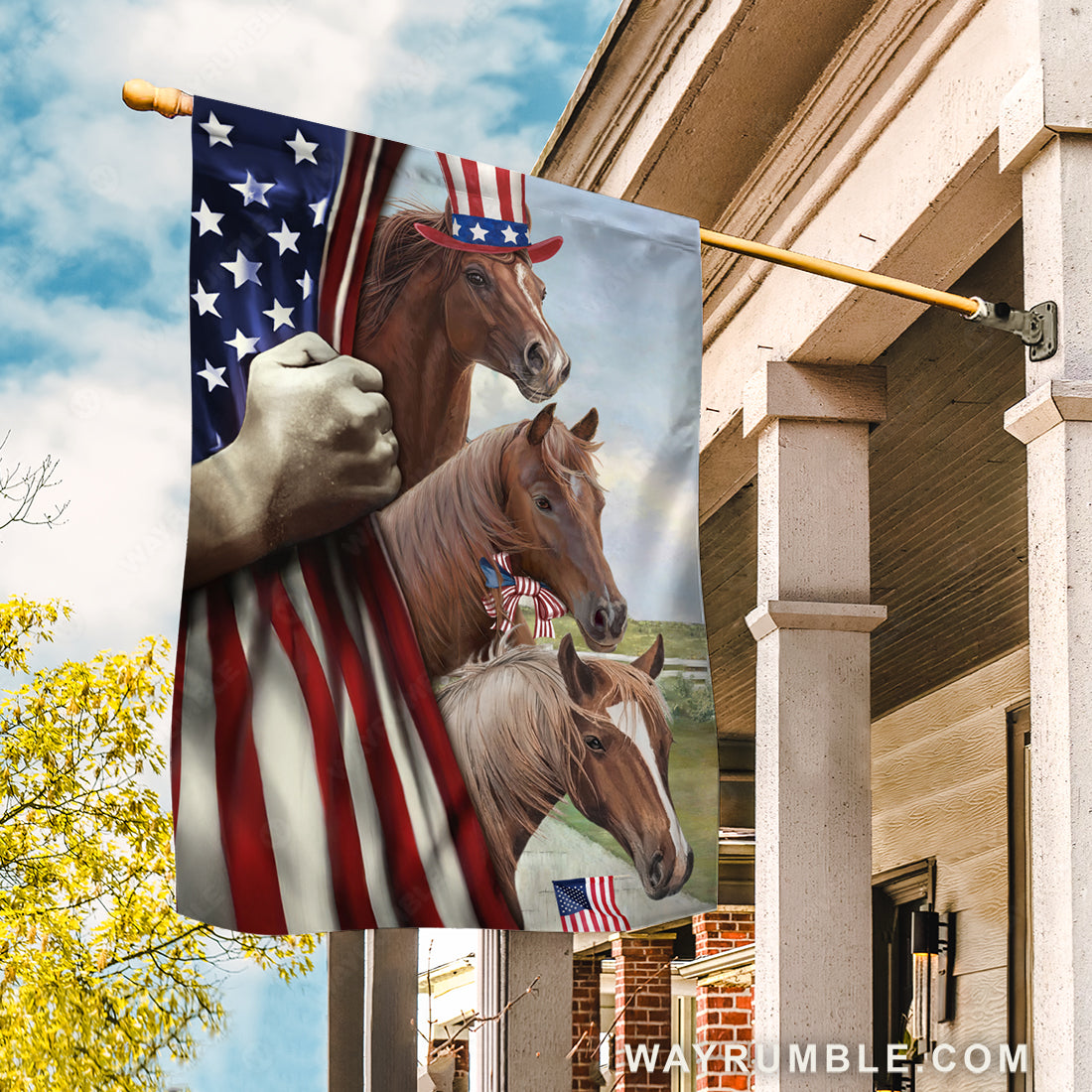 Brown horses, Colorful hat, Green meadow, US flag drawing - Jesus Flag