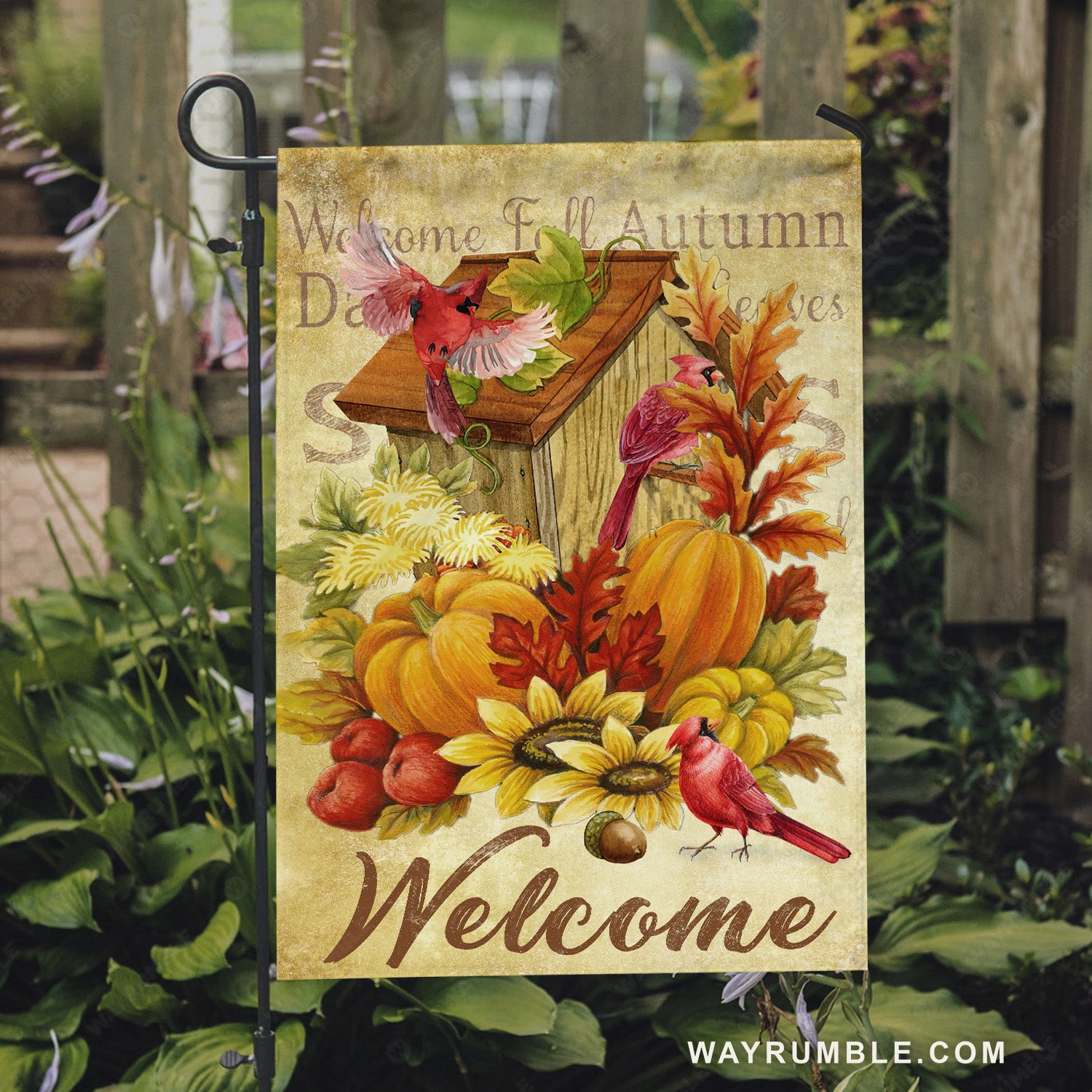 Colorful flag, Red cardinal, Wooden birdhouse, Pumpkin drawing, Welcome - Jesus Flag