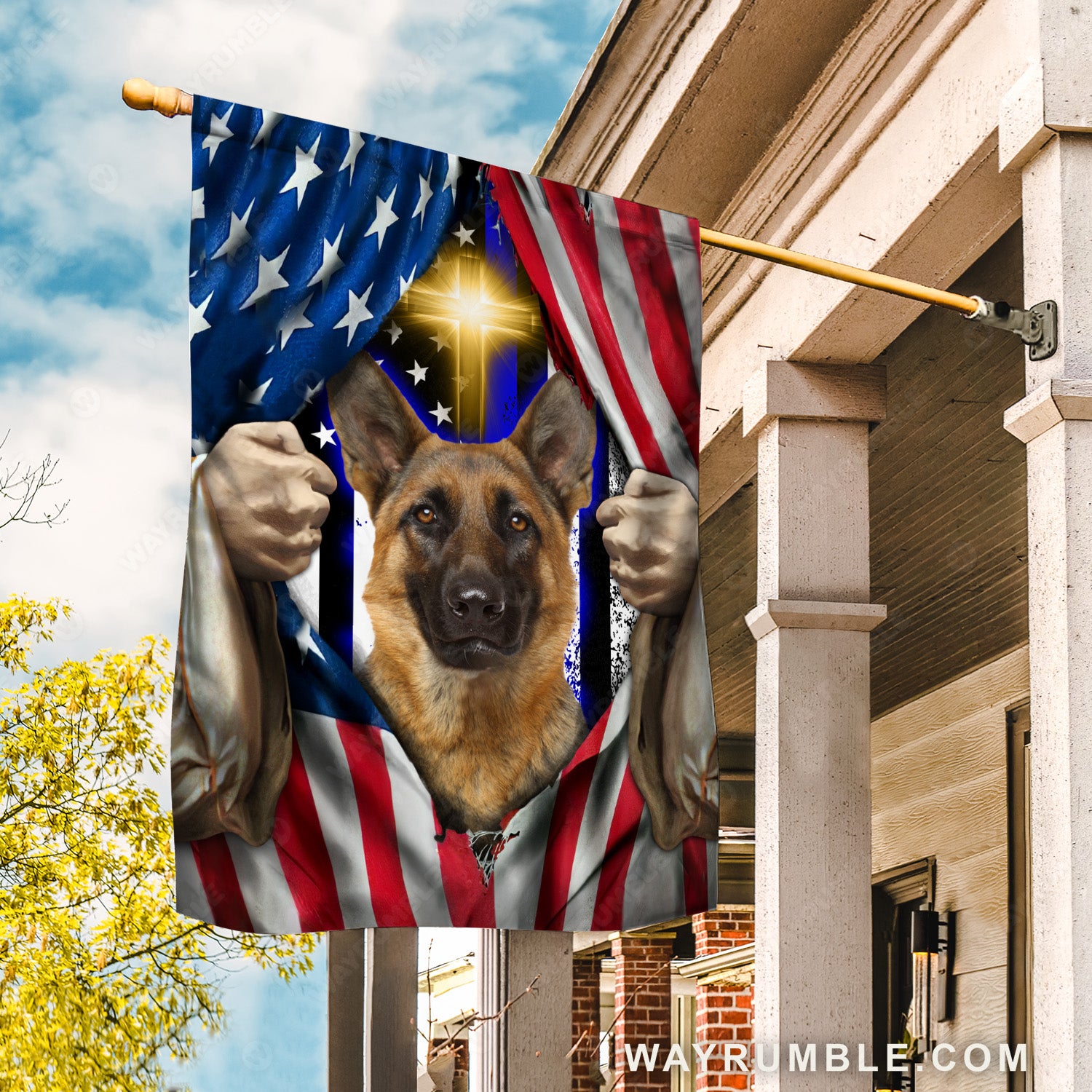 German shepherd dog, Yellow cross, US flag, Jesus painting - Jesus Flag
