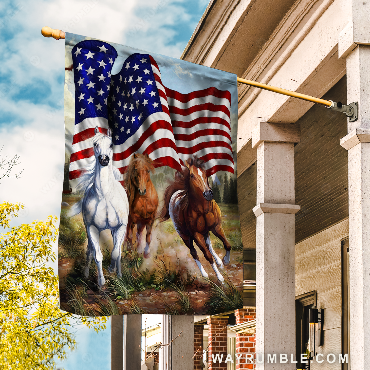 Running horse painting, Meadow land, US flag - Jesus Flag