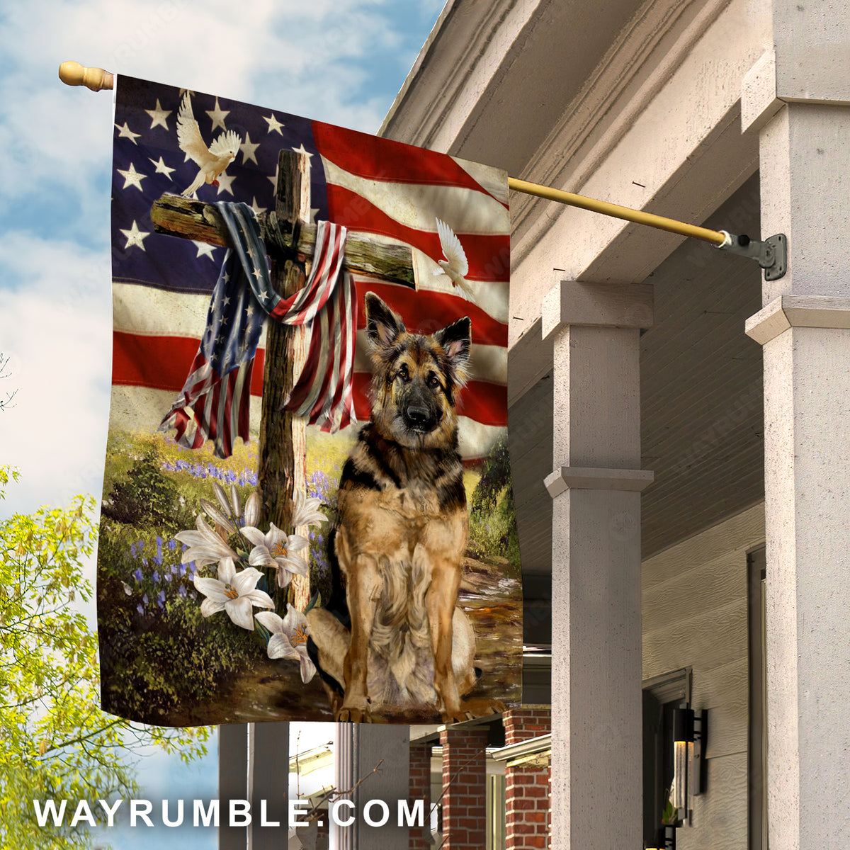 German Shepherd painting, Old US flag, Lily flower, Wooden cross - Jesus Flag