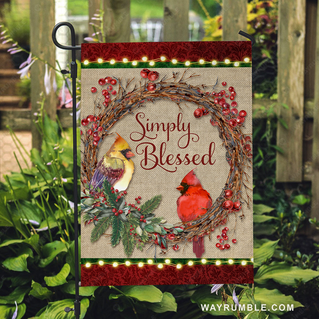 Beautiful cranberry wreath, Pretty cardinal, Simply blessed - Jesus Flag