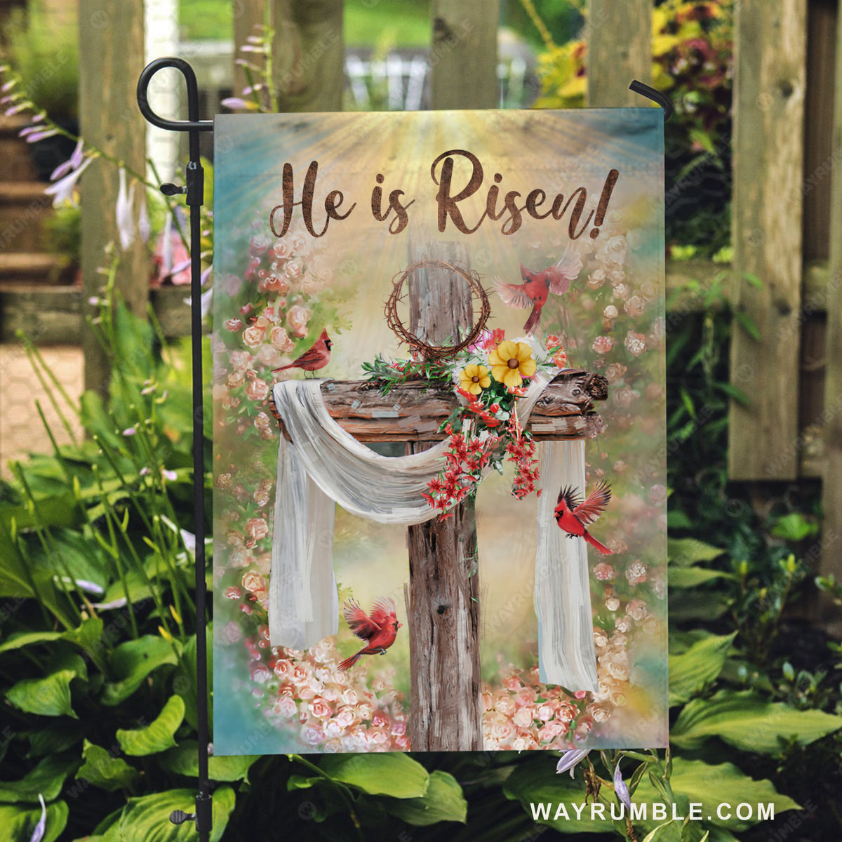Wooden cross, Red cardinal, Rose garden, Crown of thorn, He is risen - Jesus Flag
