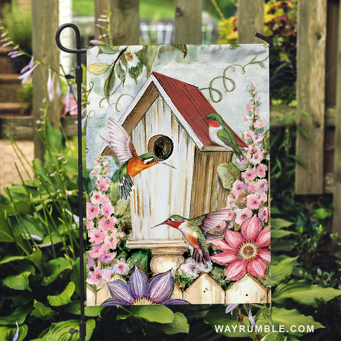 Antique birdhouse, Colorful hummingbird, Pink flower garden - Jesus Flag