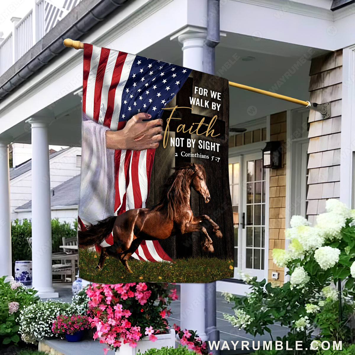 Jesus hand, US flag, Brown horse, For we walk by faith, Not by sight - Jesus Flag