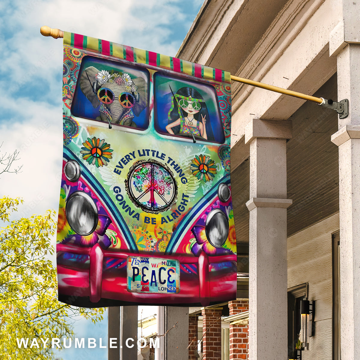 Colorful car, Hippie girl, Cute elephant, Every little thing gonna be alright - Jesus Flag