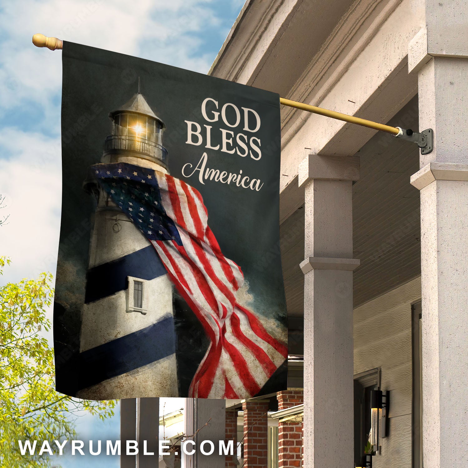 Gorgeous lighthouse, Black background, God bless America- Jesus Flag